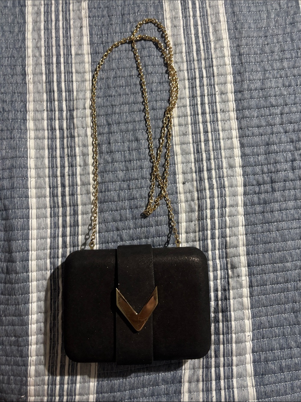 Kate Landry Black Clutch with Gold Chain and Chevron Accent